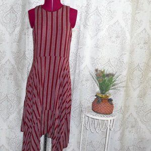 Lumiere M Maroon/White Striped Sleeveless Midi Dress Asymmetric Hem